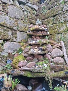 eine alte Steinmauer mit einem kleinen Felsturm in der Unterkunft Ferienwohnung TAL-ECK in Bad Teinach-Zavelstein