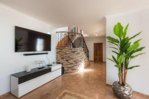 a living room with a television and a plant at Sunnyside Villa in Arco da Calheta