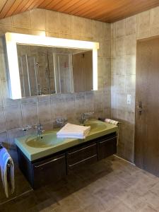 ein Badezimmer mit einem grünen Waschbecken und einem Spiegel in der Unterkunft Ferienwohnung Agnes Mayer in Riedenburg + 10 Fotos