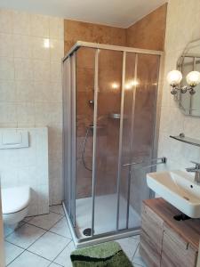 a bathroom with a shower and a toilet and a sink at Pension Lukask in Burg