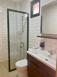 a bathroom with a shower and a toilet and a sink at Le Lézard Vert, Maison d'Affair à Niamey in Niamey