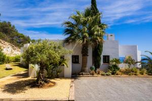 uma palmeira em frente a uma casa branca em Villa El Mirador Uno em Es Cubells