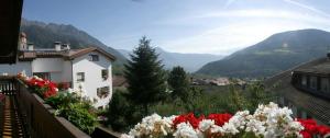 balcone con fiori e vista sulle montagne di Ferienwohnungen Schweitzer a Parcines