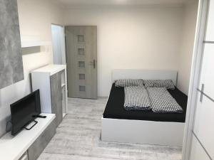 Dormitorio pequeño con cama y TV en Apartmán blízko centra, en Humenné