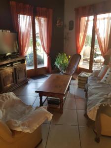a living room with a couch and a coffee table at Grande maison familiale in Serres-Gaston
