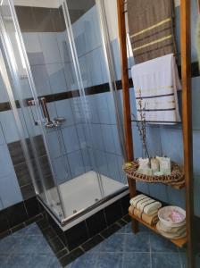 a bathroom with a shower and a towel rack at Apartman "Like at home" Jajce in Jajce