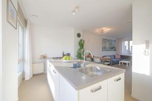 uma cozinha com um lavatório e uma sala de estar em De Jutter em Den Helder