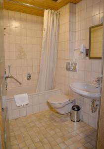 La salle de bains est pourvue d'une baignoire, de toilettes et d'un lavabo. dans l'établissement Hotelgasthof Schmucker, à Mossautal