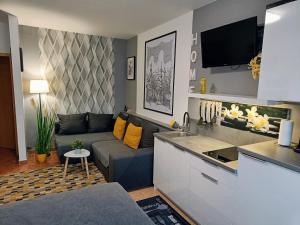 a living room with a couch and a kitchen at Fészek Apartman Sopron in Sopron