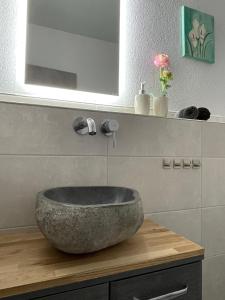 a bathroom with a large stone sink on a counter at Am Weinberg - stilvoll, ruhig, zum wohlfühlen in Pfaffenweiler