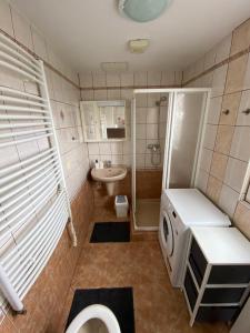 uma casa de banho com um WC, um chuveiro e um lavatório. em Chata v zátoce - Nechranice em Kadaň