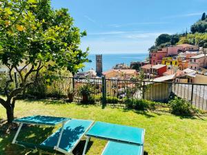 a blue table sitting on top of a grass field at Albergo Degli Amici in Monterosso al Mare