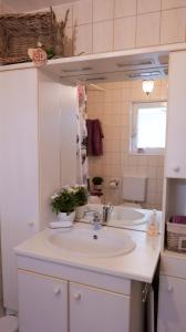 a bathroom with a sink and a mirror at Ferienhaus Dornröschen in Osterode