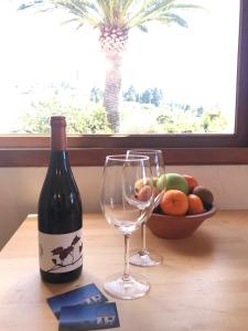 eine Flasche Wein neben einem Glas und eine Schale Obst in der Unterkunft Casa Lucia in Puntagorda + 24 Fotos