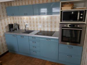 ムジェーヴにあるAppartement REINE DES PRESのキッチン(青いキャビネット、電子レンジ、シンク付)