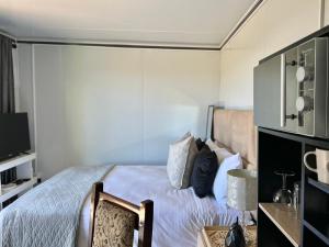 ein Schlafzimmer mit einem Bett mit einem Stuhl und einem TV in der Unterkunft The Point of View Cabin in Johannesburg