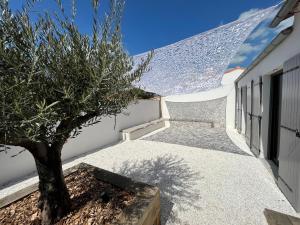 a tree in a courtyard next to a building at Villa Miha (New house Saint Martin de Ré) in Saint-Martin-de-Ré