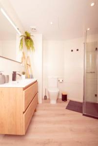 W łazience znajduje się toaleta, umywalka i prysznic. w obiekcie Bow Sea Apartment w mieście Algarrobo-Costa
