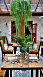 a wooden table with a potted plant on it at Folwark Walencja in Kazimierz Dolny
