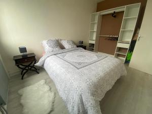 1 dormitorio con 1 cama con edredón blanco en Appartement, parking gratuit, sortie, autoroute, la méridienne en Clermont-Ferrand