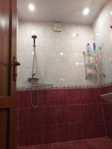een badkamer met een douche en rode tegels bij sweethouse in Tbilisi City