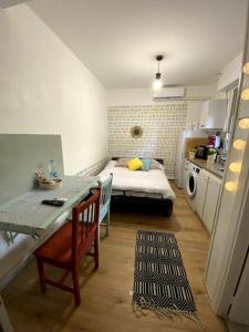 a small room with a bed and a table and a kitchen at studio cappella in Ajaccio