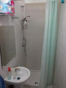bagno con lavandino e tenda doccia di Flegrei Apartment a Napoli