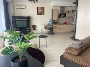 a living room with a couch and a tv at Мост Сити 7 поверх in Dnipro