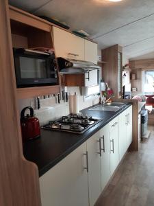 a kitchen with a stove and a microwave at Family Home Grill, Beach, Relax - WORKUM in Workum