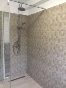 a bathroom with a shower with a glass door at Pensiunea Emage Moieciu in Moieciu de Sus +35 photos