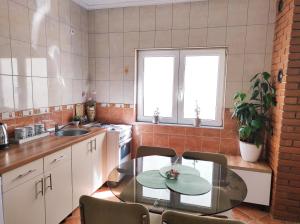 a kitchen with a glass table and chairs in it at Apartment Katica Mostar in Mostar