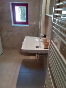 ein Bad mit einem weißen Waschbecken und einem Fenster in der Unterkunft Apartmány Na samotě in Kubohütten