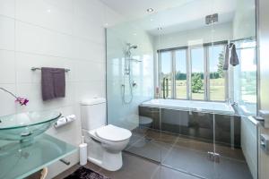 a bathroom with a toilet and a sink and a tub at Paradise on Campbell in Martinborough +32 photos