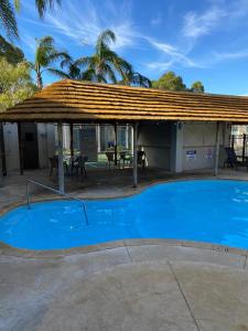 ein großer blauer Pool mit Dach in der Unterkunft Paradise Palms in Mandurah