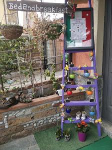 Una escalera de jardín junto a un cartel y algunas plantas en Caicai Bed And Breakfast en Saluzzo