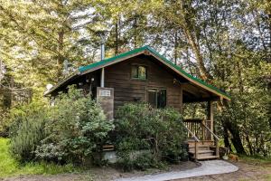 Cove Cabin Retreat في Shelter Cove: كابينة في الغابة مع سقف أخضر