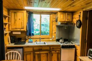 cocina con fregadero, fogones y ventana en Cove Cabin Retreat, en Shelter Cove