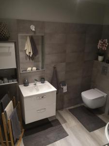 een badkamer met een witte wastafel en een toilet bij Apartament exclusive Głuszyca in Głuszyca