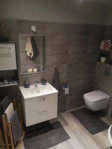 a bathroom with a white sink and a toilet at Apartament exclusive Głuszyca in Głuszyca