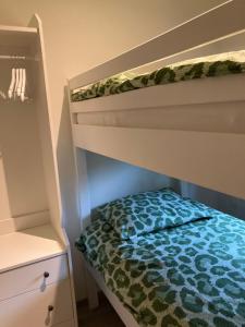 Dormitorio con litera y edredón azul y verde en Sweet Valley Madeleine, en Zutendaal