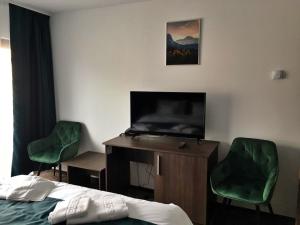 a bedroom with a bed and a tv and two chairs at Hotel Margaritar in Buşteni