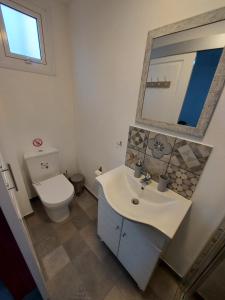 a bathroom with a toilet and a sink and a mirror at Magdalene's City House Inn in Larnaka