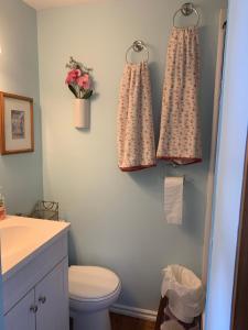 two shower curtains in a bathroom with a toilet at Cedar Island Xanadu in Kingsville
