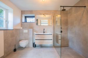 a bathroom with a toilet and a sink and a shower at B&B de Bommelhoeve in Wadenoijen