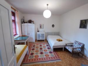 a bedroom with a bed and a table and a chair at U Páců in Hodslavice