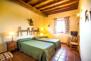 um quarto com uma cama verde e uma janela em La Hostería de Oropesa em Oropesa