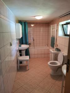 uma casa de banho com um WC, um lavatório e uma banheira em U Páců em Hodslavice