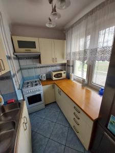 a kitchen with a sink and a stove top oven at Noclegi Pod 16-tką in Sandomierz +11 photos