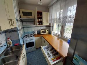 a small kitchen with a sink and a stove at Noclegi Pod 16-tką in Sandomierz