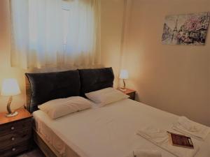a bedroom with a bed with two pillows and a window at Panos Apartment in Almyrida